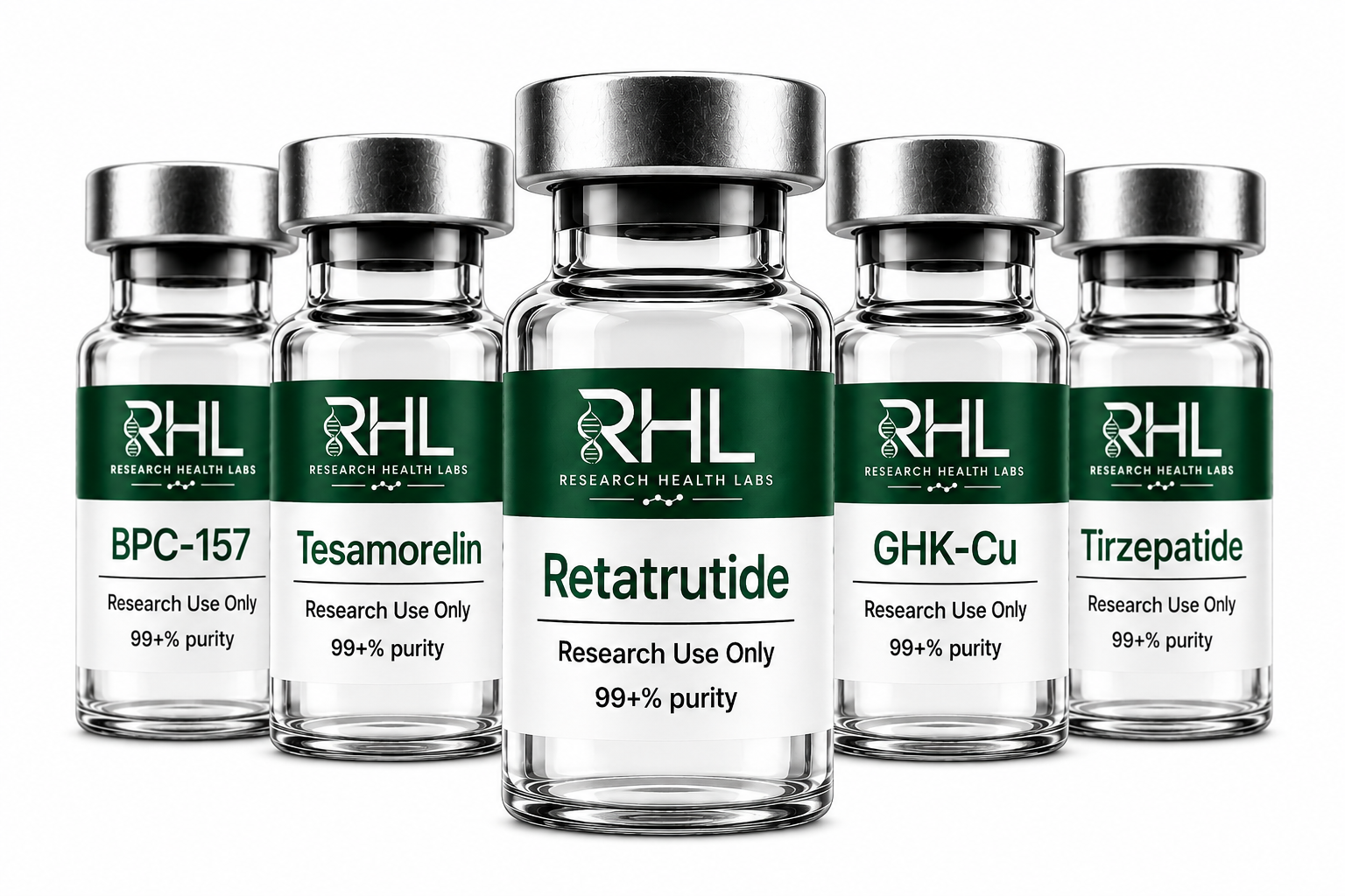 Research Health Labs vial lineup — BPC-157, Tesamorelin, Retatrutide, GHK-Cu, Tirzepatide